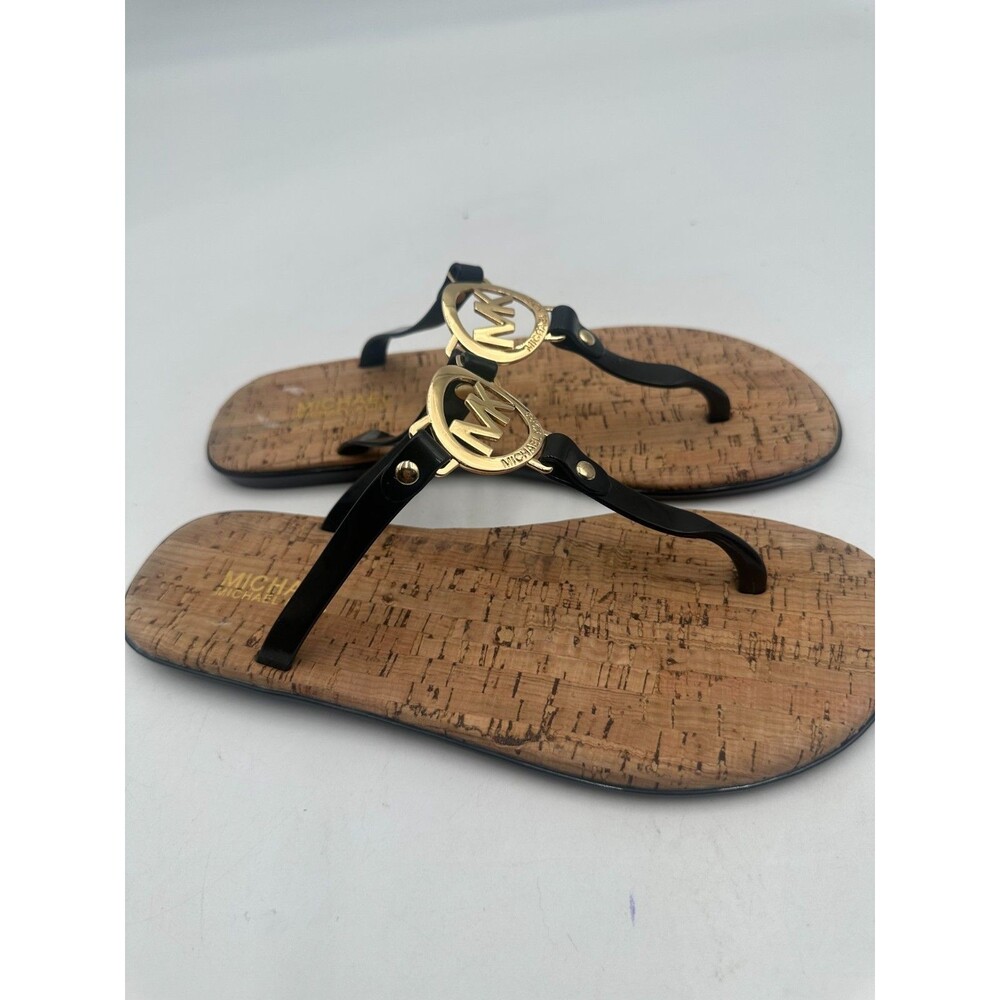 MICHAEL KORS MK Jelly Cork Thong Sandals BLACK/GOLD Medallion Charm Size 9M
